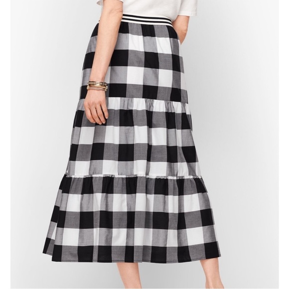 Talbots NWT Buffalo Checker print Tiered Midi Skirt black white PETITE XS - Picture 2 of 8